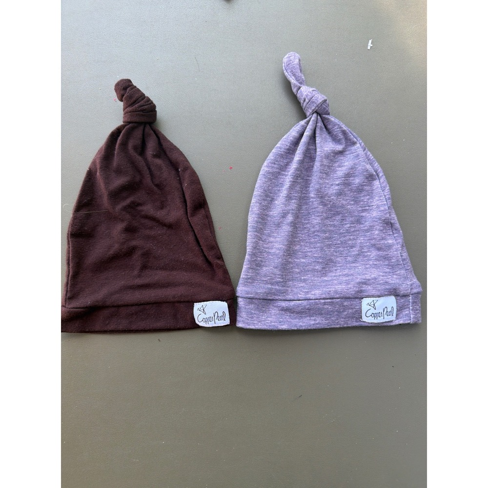 Copper Pearl Knotted Baby Hat Set Brown Heathered Purple Newborn Infant 2pk